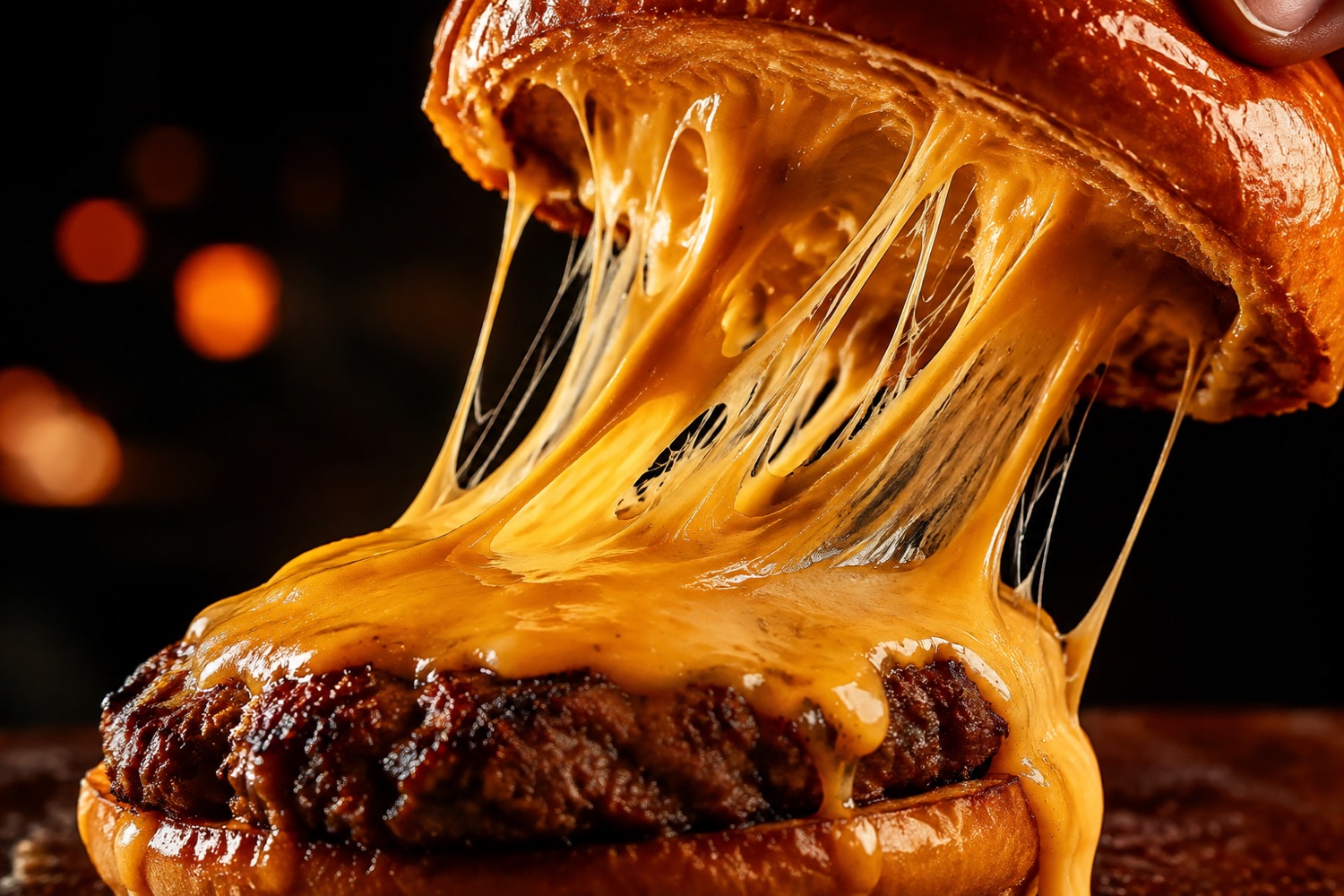 Cheeseburger-Nahaufnahme mit fließendem Käse