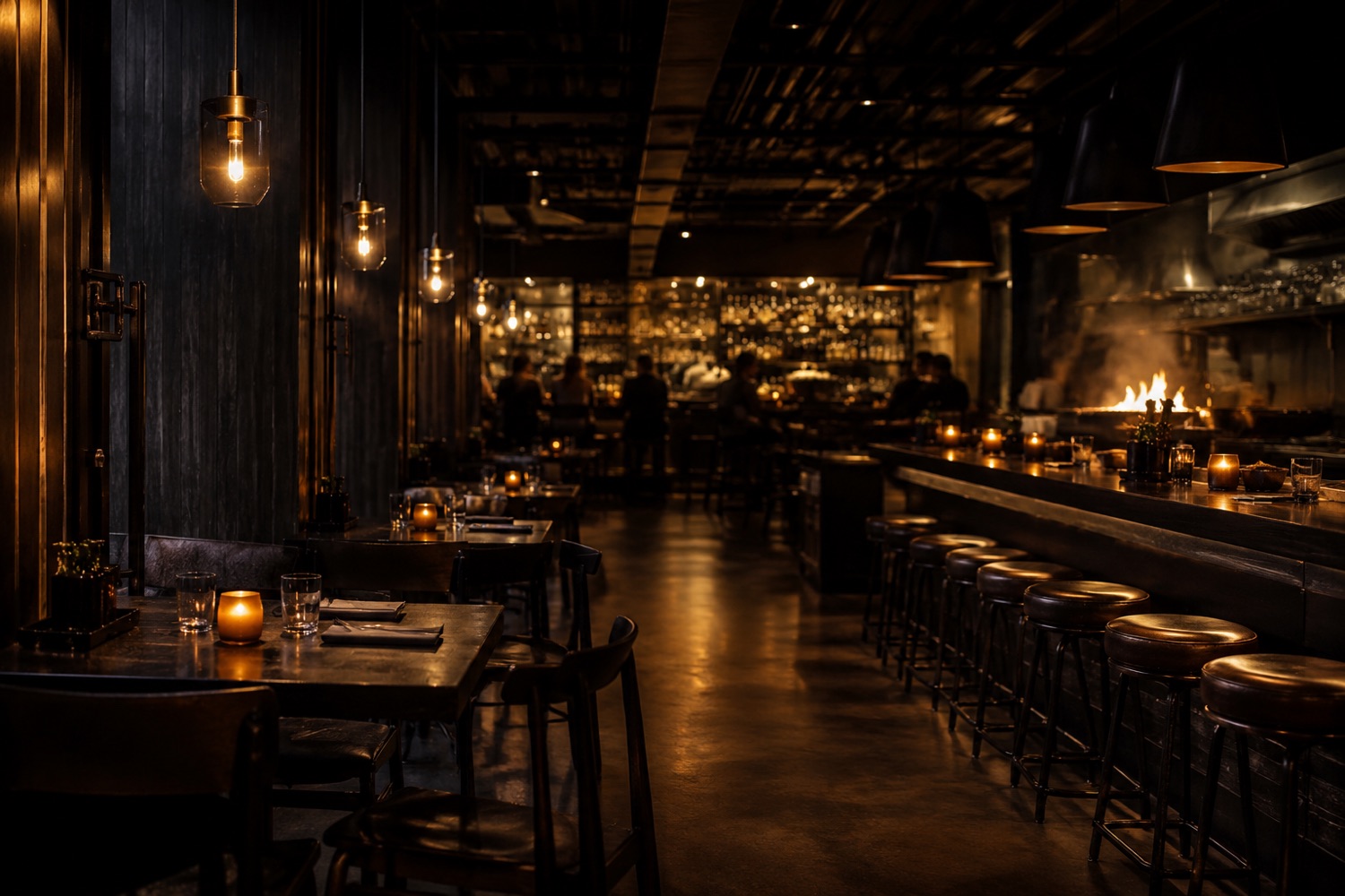 Stimmungsvoller dunkler Restaurant-Innenraum mit warmem Licht