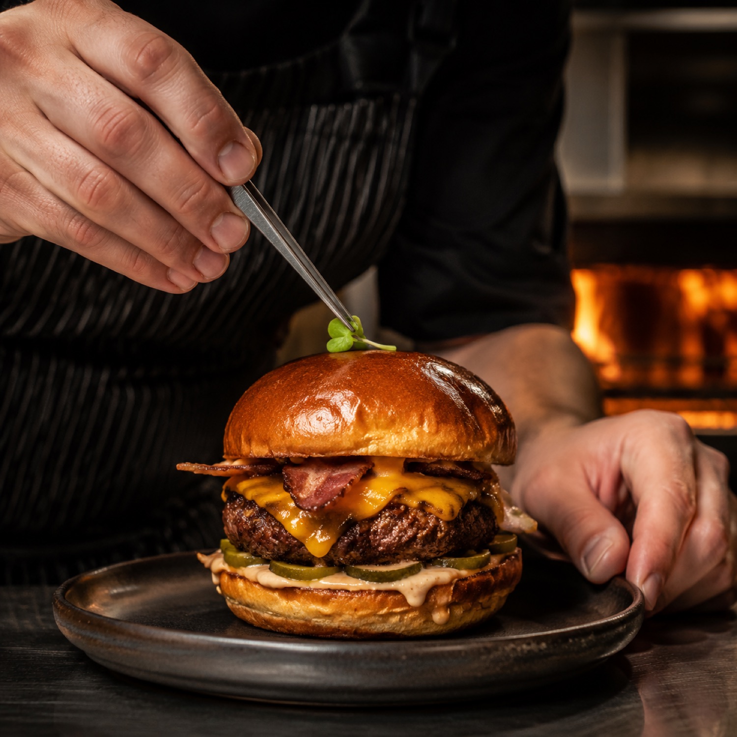 Koch garniert einen Gourmet-Burger