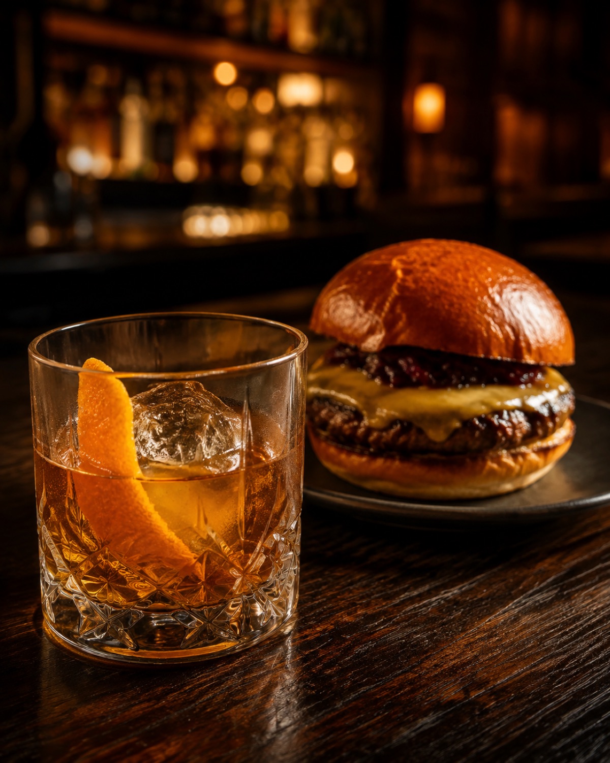 Cocktail neben einem Burger auf Holztisch