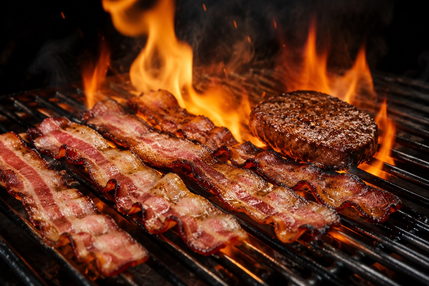 Bacon brutzelt mit Flammen auf dem Grill