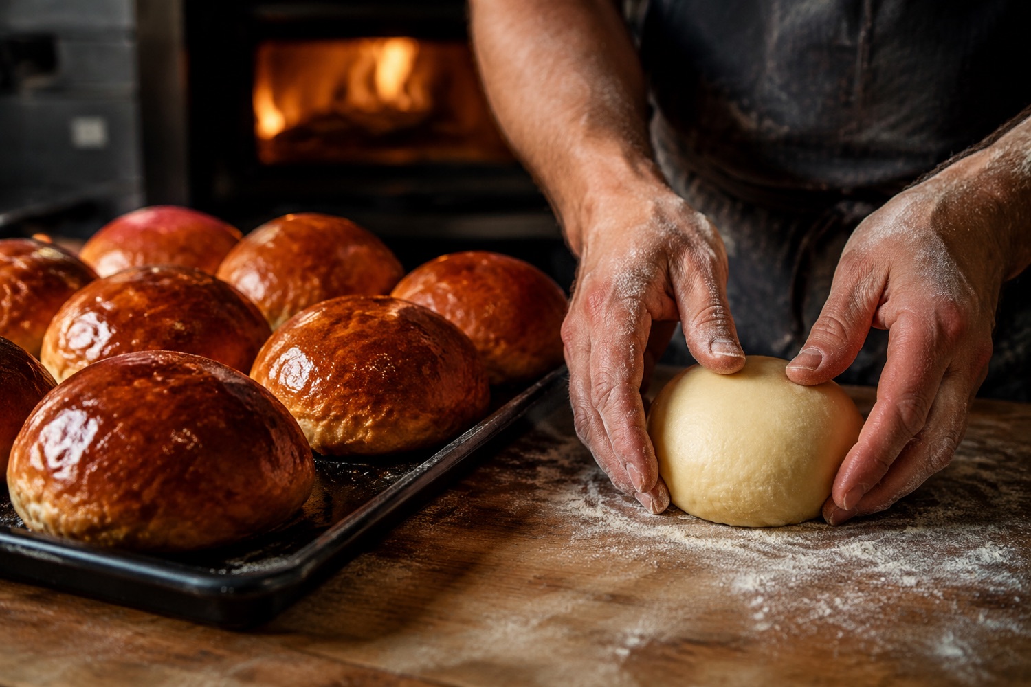 Frisch gebackene Brioche-Buns werden von Hand geformt