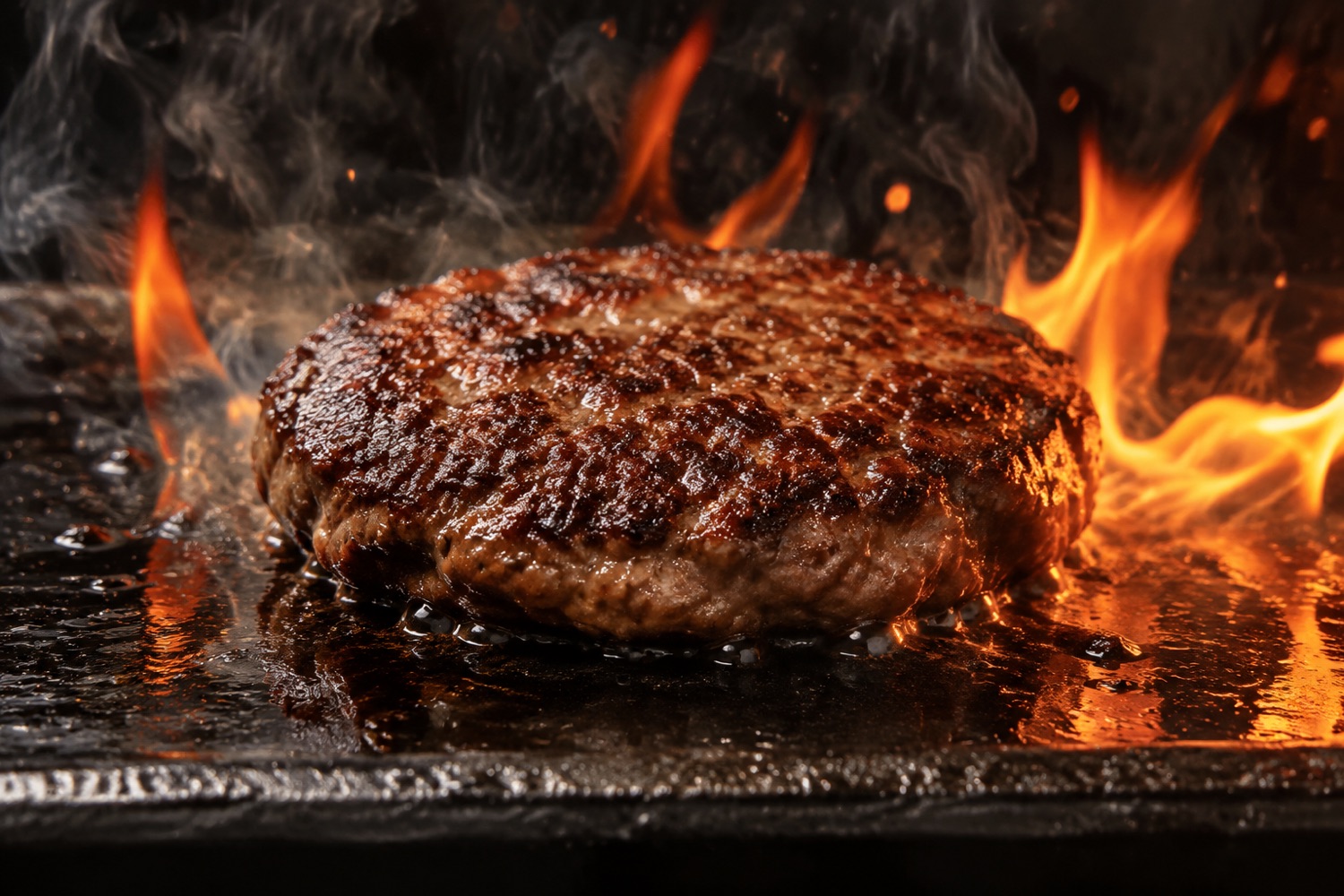 Wagyu-Patty wird auf heißem Gusseisen mit Flammen scharf angebraten