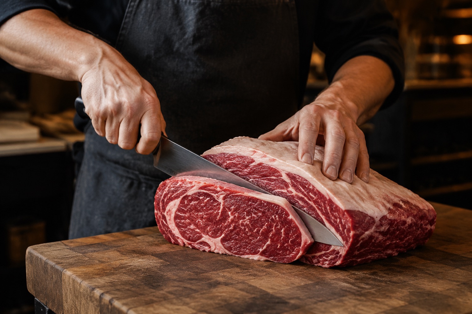 Metzger wählt ein großes Stück A5-Wagyu-Rind aus