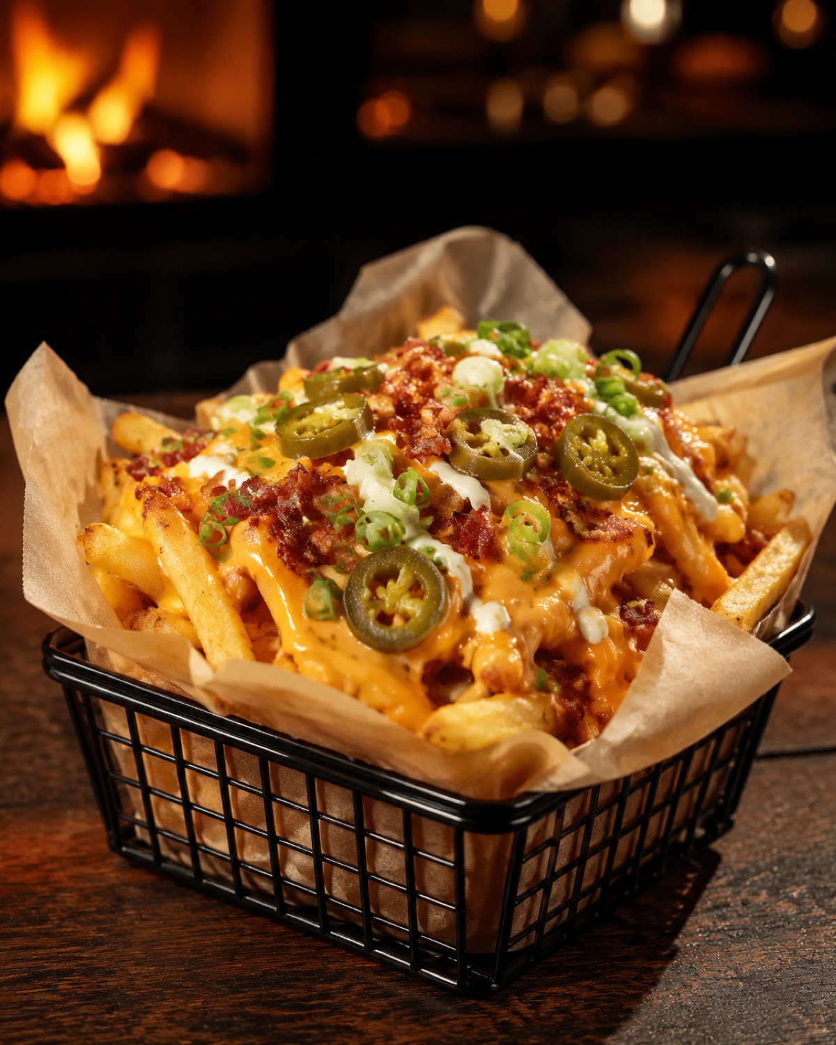 Loaded Fries mit Feta und Sauce im Drahtkorb