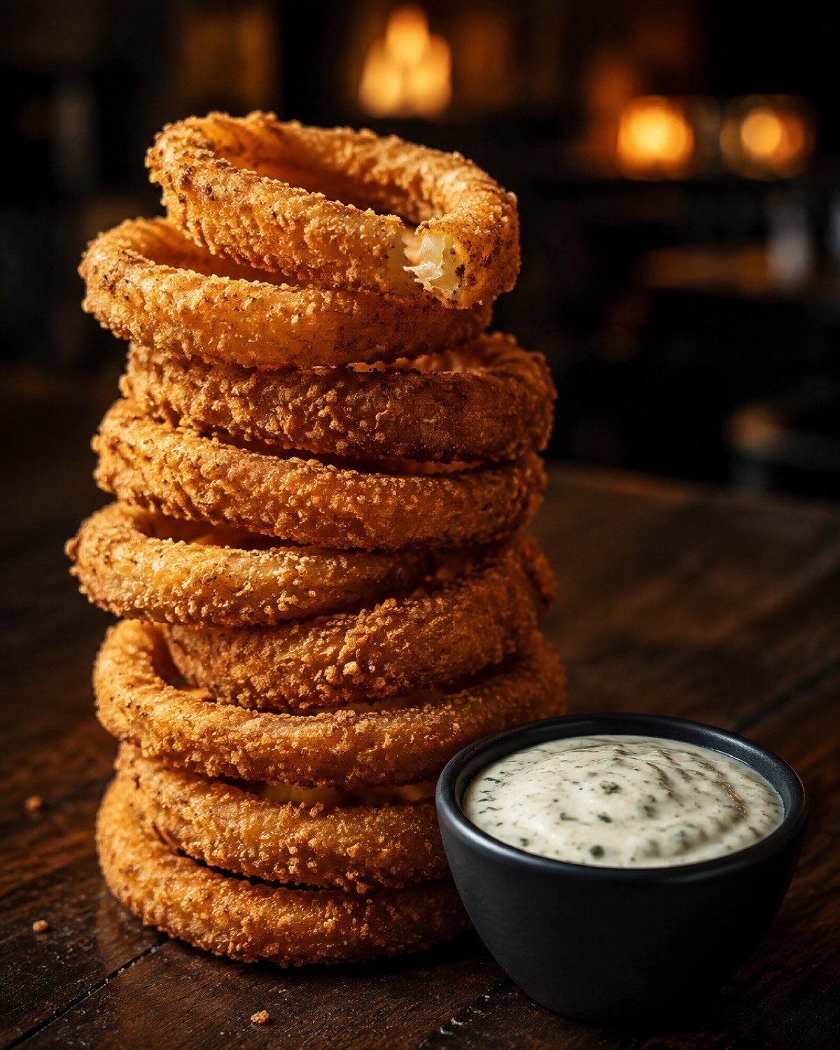 Turm aus knusprigen Onion Rings mit Dip